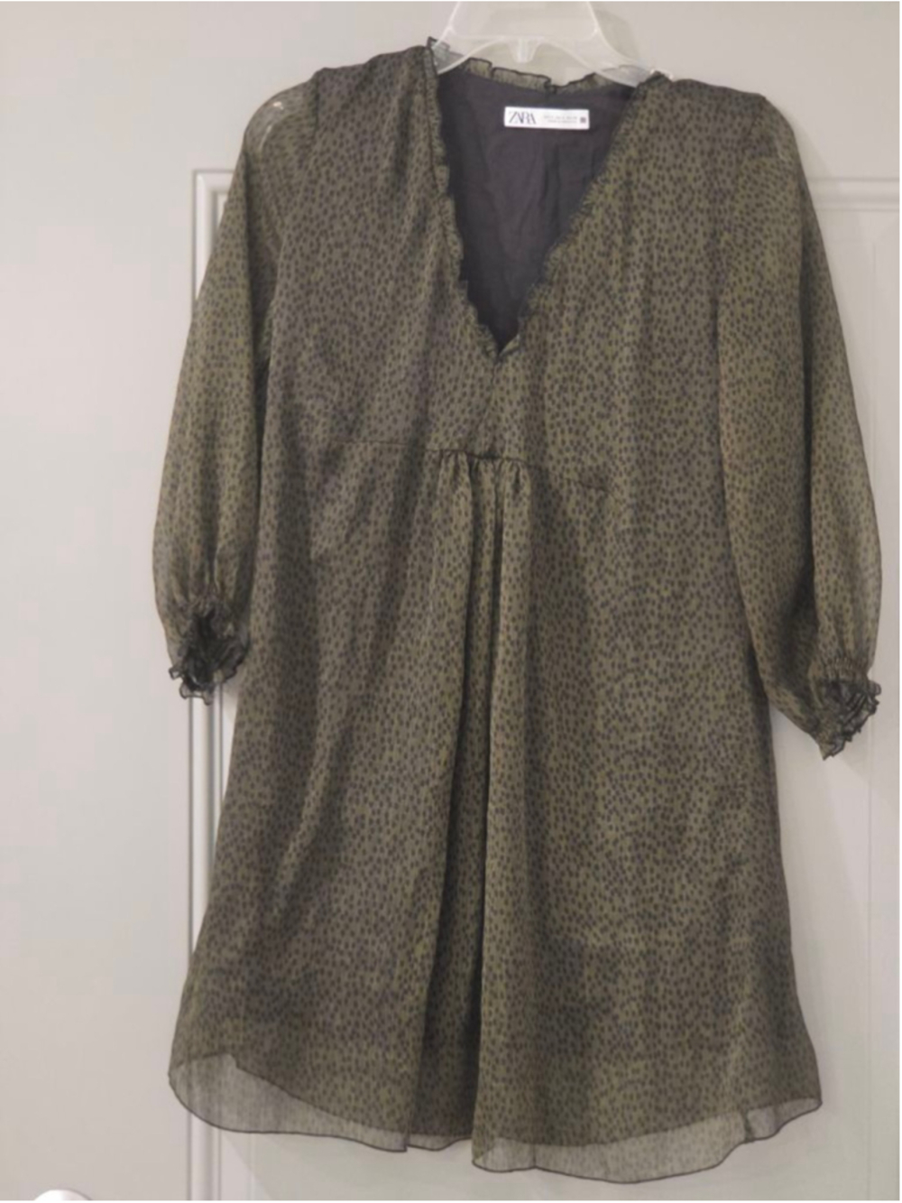 Women's ZARA Long Sleeve Dress S Olive Green Black Polka Dot